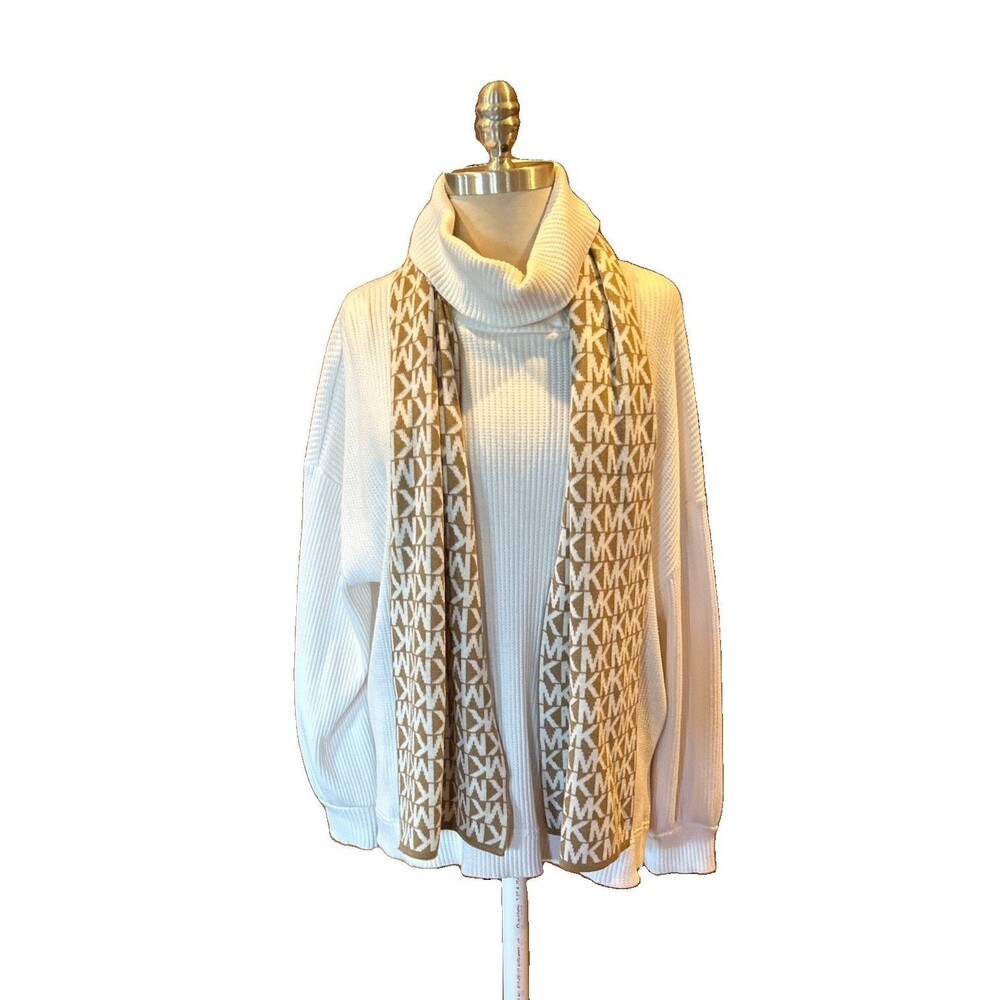 Michael Kors Scarf MK Monogram Logo Reversible Caramel White Knit Winter Cozy